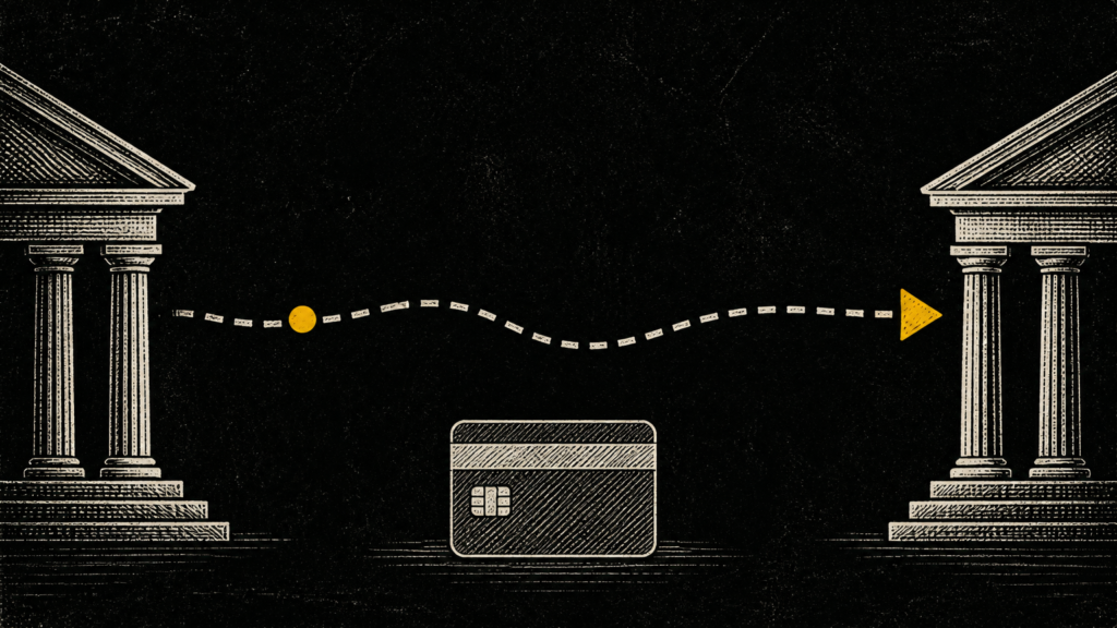 Ilustración editorial en grabado: fachadas bancarias clásicas conectadas por una ruta de pago punteada con flecha amarilla y tarjeta bancaria, fondo negro.