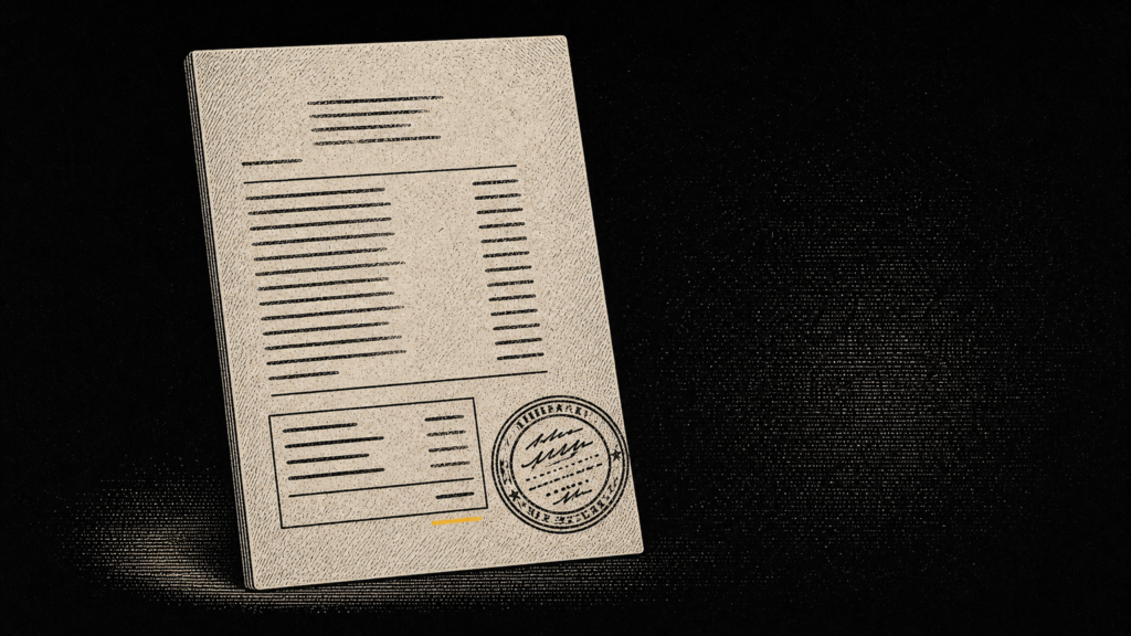 Ilustración editorial en grabado sobre fondo negro profundo: cotización de exportación vertical con líneas de importe abstractas, bloque de totales y sello circular, subrayado con un trazo amarillo fino.