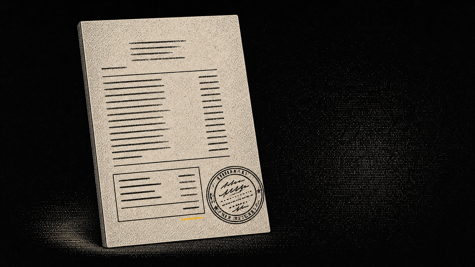 Ilustración editorial en grabado sobre fondo negro profundo: cotización de exportación vertical con líneas de importe abstractas, bloque de totales y sello circular, subrayado con un trazo amarillo fino.