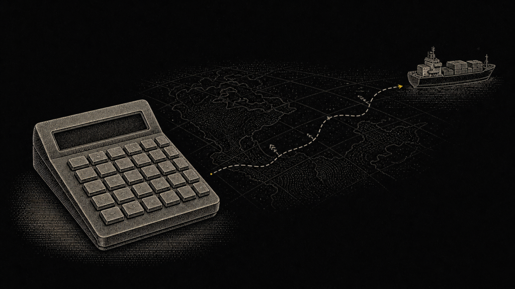 Ilustración editorial en grabado sobre fondo negro profundo: calculadora de teclas lisas junto a una ruta punteada sobre un mapa esquemático hasta un buque de carga, con un punto y una punta de flecha amarillos en la ruta.