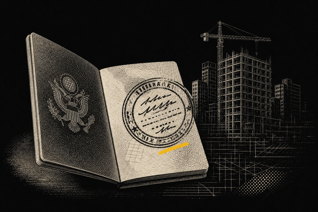 Ilustración editorial: pasaporte y sello de visa, símbolo de la inversión EB-5