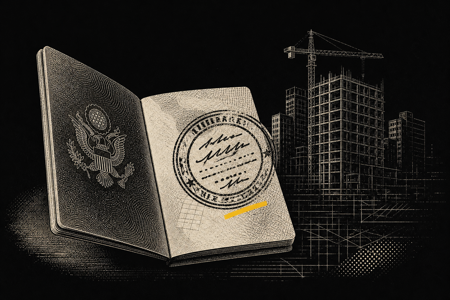 Ilustración editorial: pasaporte y sello de visa, símbolo de la inversión EB-5