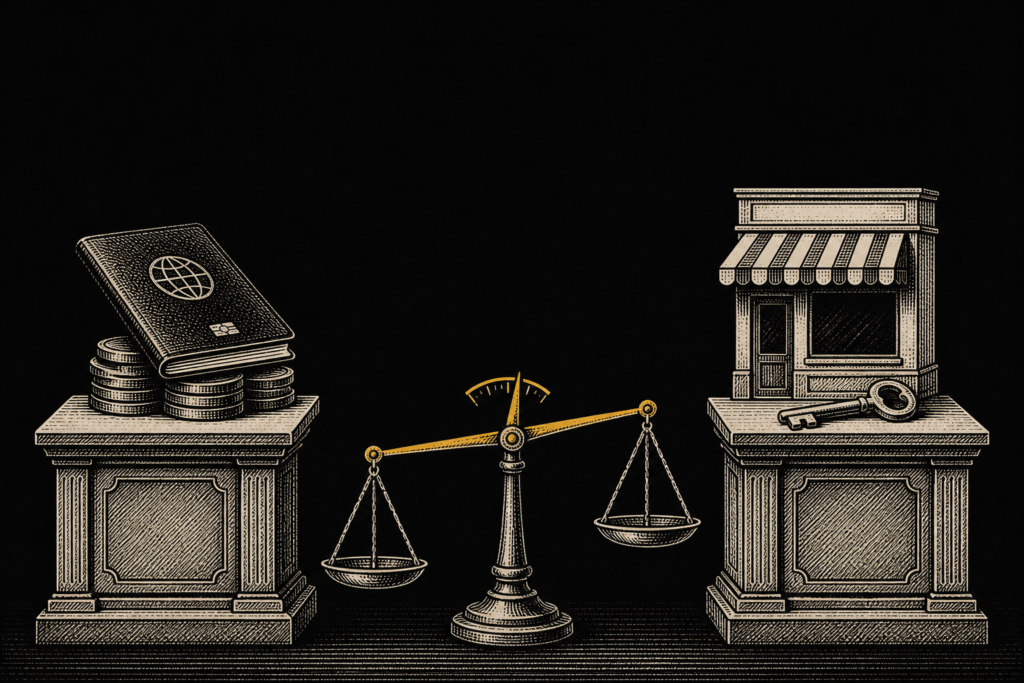 Ilustración editorial: balanza comparando dos opciones de visa de inversión