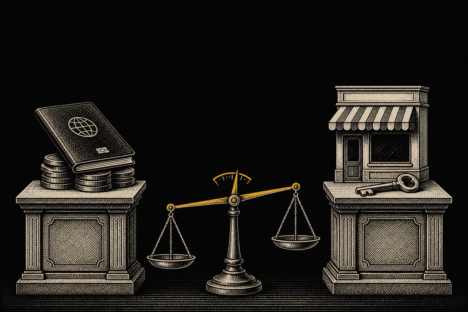 Ilustración editorial: balanza comparando dos opciones de visa de inversión