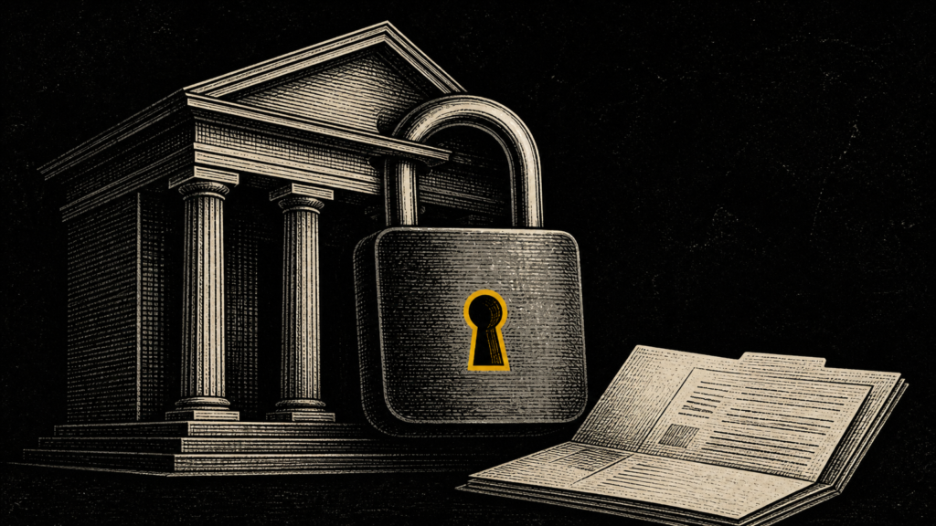 Ilustración editorial en grabado: fachada bancaria clásica con un gran candado y un expediente, ojal de cerradura amarillo, fondo negro.
