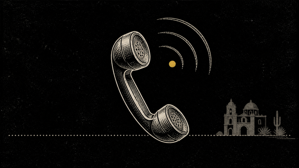 Ilustración editorial en grabado: auricular de teléfono con ondas de señal sobre una línea punteada, punto amarillo de acento, fondo negro.
