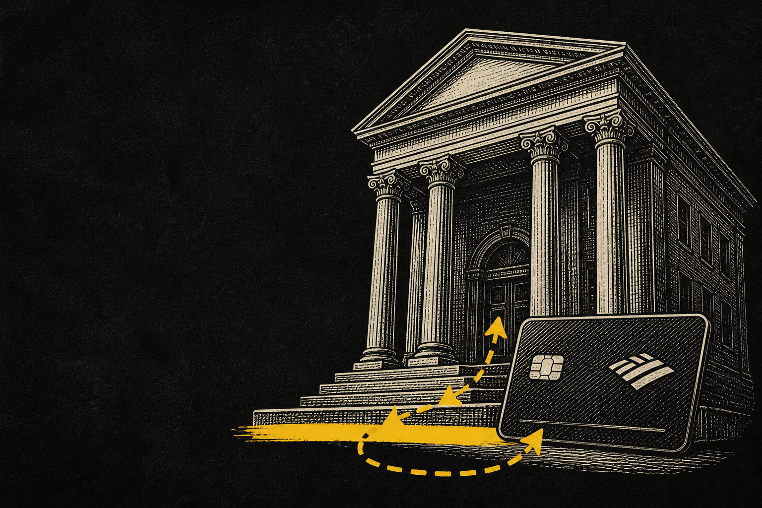 Ilustración editorial en grabado: fachada bancaria clásica con tarjeta y ruta de pago amarilla sobre fondo negro (cuenta bancaria para extranjeros).
