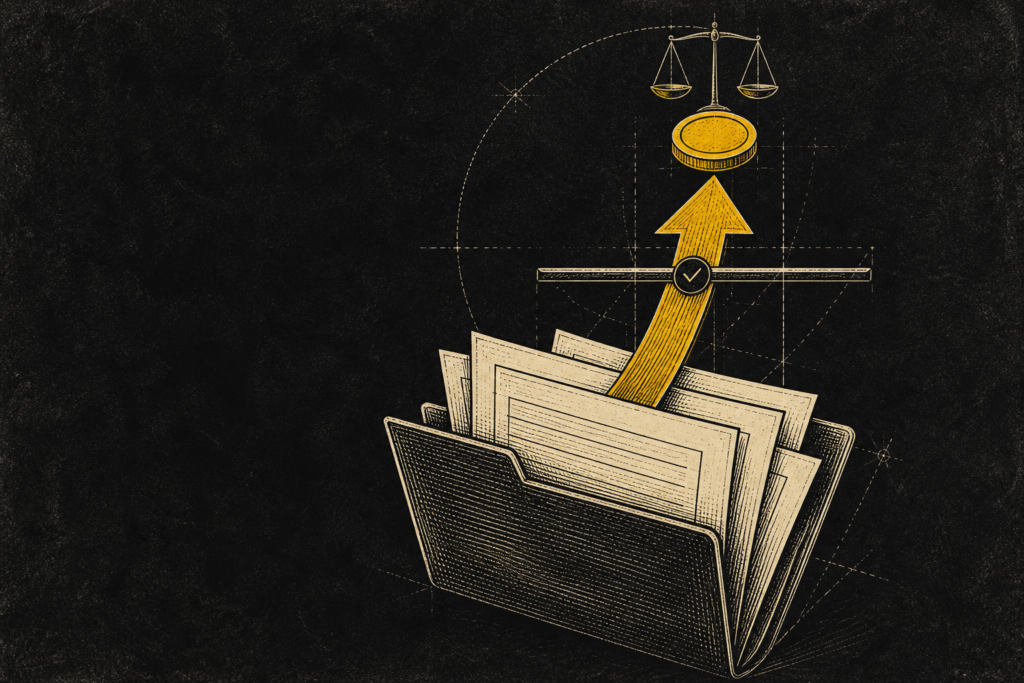 Ilustración editorial en grabado: carpeta de formularios con flecha ascendente amarilla hacia moneda y balanza sobre fondo negro (declaración de impuestos).