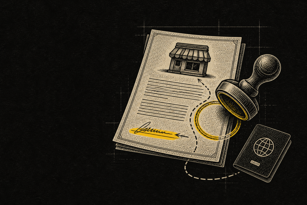 Ilustración editorial en grabado: contrato de franquicia con sello y trazo amarillo sobre la firma y ruta de inversión desde un pasaporte (visa E-2), fondo negro.