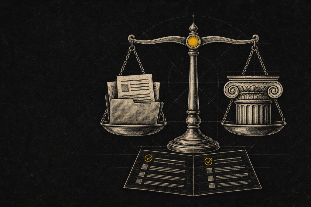 Ilustración editorial en grabado: balanza equilibrada entre carpeta corporativa (LLC) y capitel de columna (corporation) con marcas amarillas sobre fondo negro.