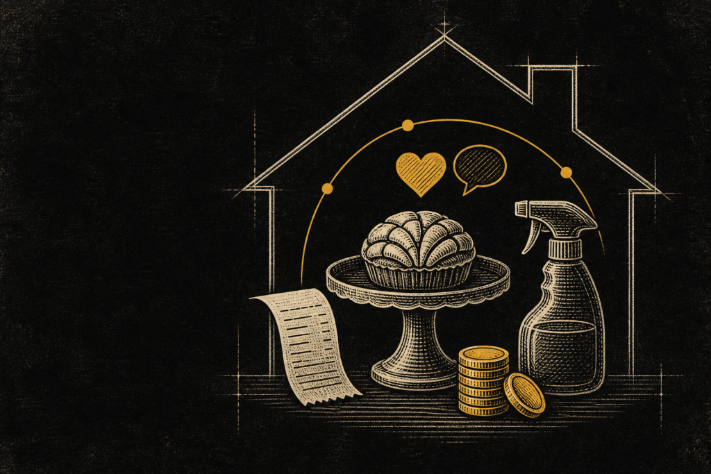 Ilustración editorial en grabado: casa con repostería, recibo, monedas e icono de engagement en amarillo sobre fondo negro (negocios en casa para latinos en USA).
