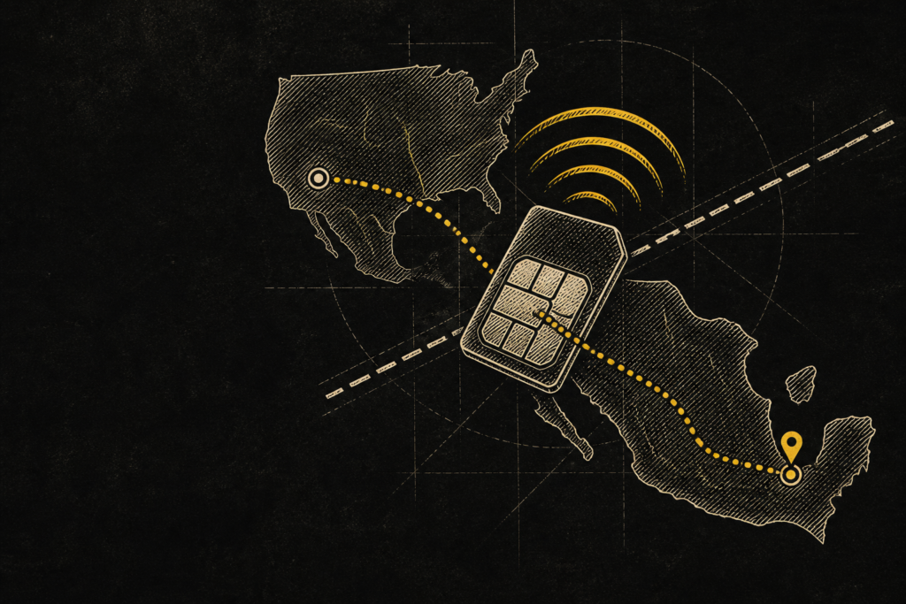 Ilustración editorial en grabado: tarjeta SIM con ondas de señal y ruta punteada amarilla cruzando una frontera esquemática sobre fondo negro (número de EE.UU. en México).