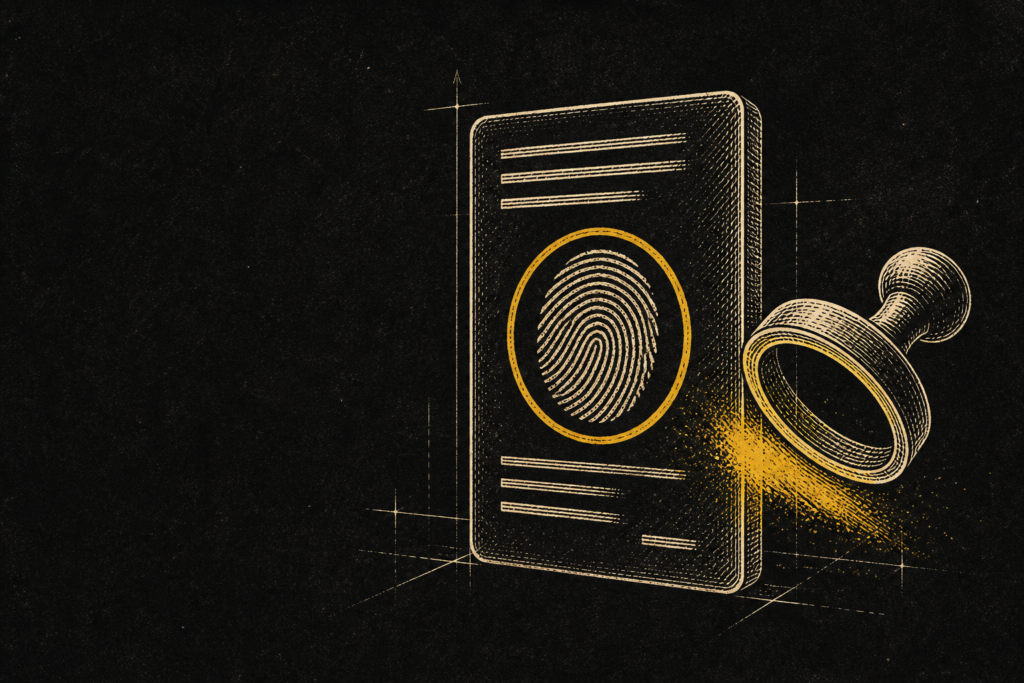 Ilustración editorial en grabado: documento de identificación con huella circular y sello amarillo sobre fondo negro (obtener ITIN sin viajar).