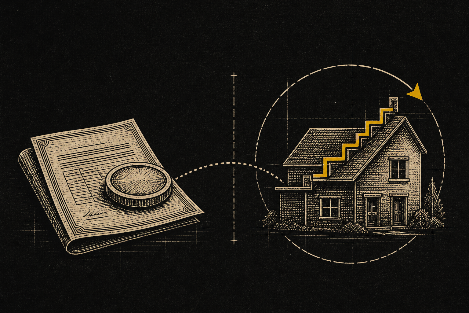 Ilustración editorial en grabado: participación en empresa operativa (documento y moneda) conectada por ruta a una casa con ciclo de desarrollo, acento amarillo, fondo negro — inversión E-2 llave en mano.