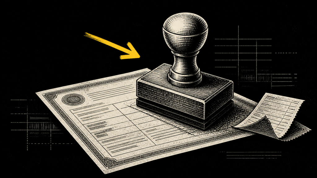 Ilustración editorial en grabado: sello de caucho sobre un documento oficial y un recibo, con flecha amarilla de acento sobre fondo negro.