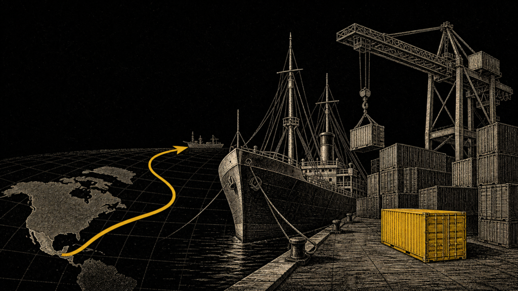 Ilustración de grabado de un buque de carga con contenedores y una ruta amarilla hacia un puerto lejano sobre fondo negro