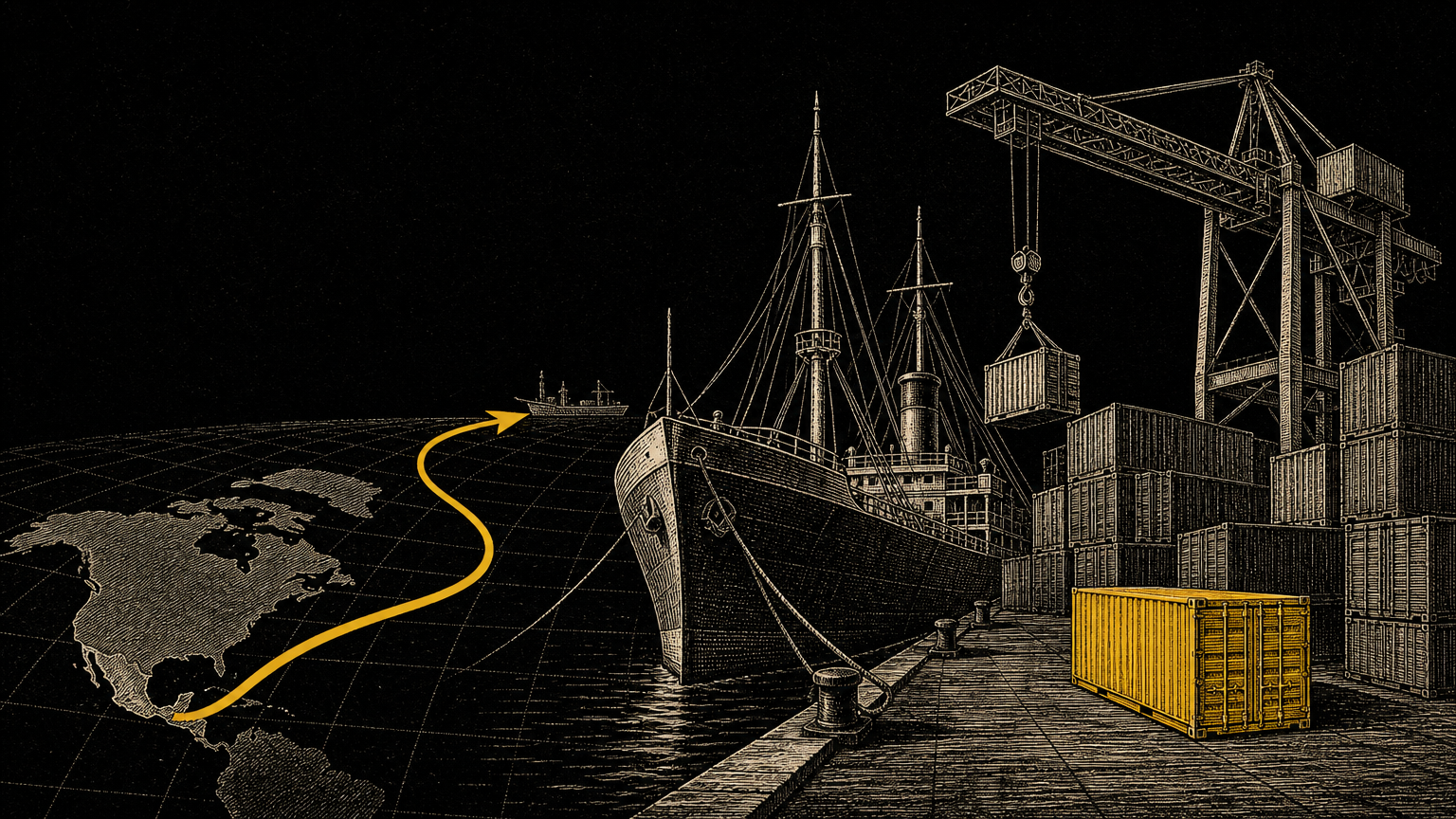 Ilustración de grabado de un buque de carga con contenedores y una ruta amarilla hacia un puerto lejano sobre fondo negro