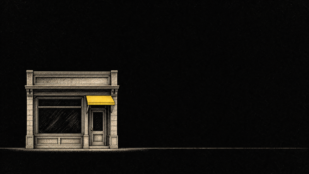 Ilustración editorial de la fachada de un local comercial con un toldo amarillo, sobre fondo negro.