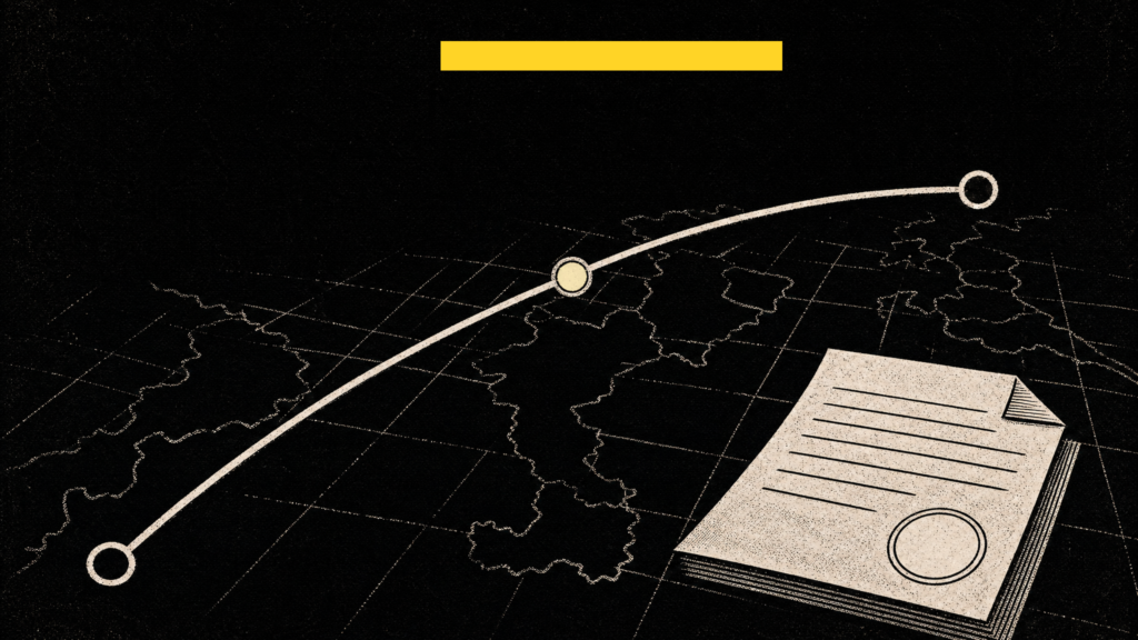 Ilustración editorial de una ruta comercial en arco sobre un mapa abstracto de líneas, con un documento en blanco sellado, sobre fondo negro y un acento amarillo.