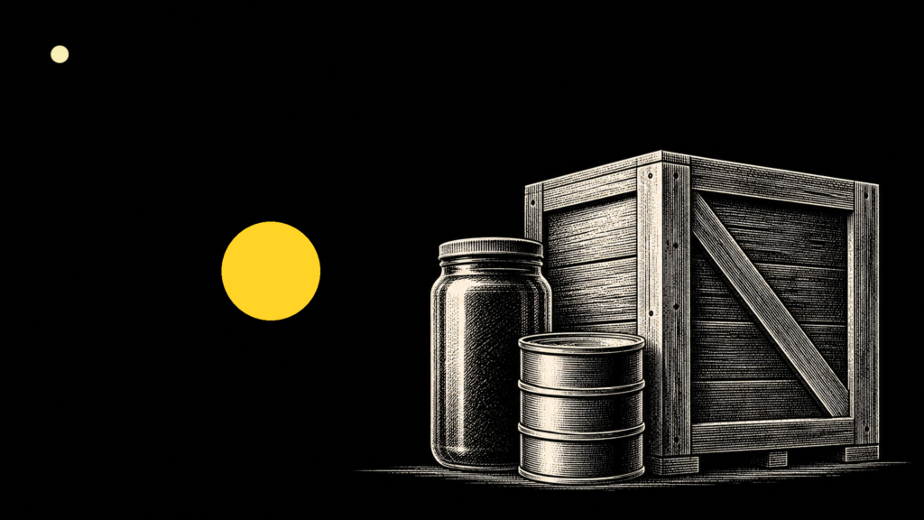 Ilustración editorial de una caja de madera de exportación con un frasco de vidrio y latas apiladas, sobre fondo negro, con un acento circular amarillo.